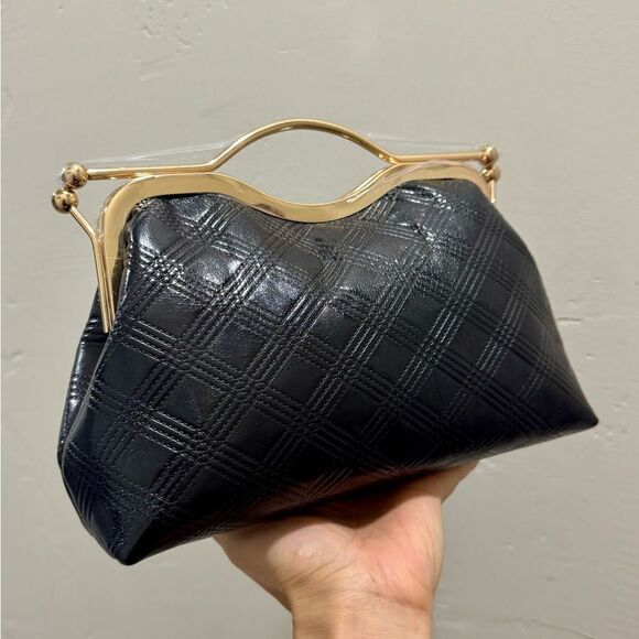 Black Quilted Genuine Lambskin  Double Kisslock Top Handle Bag & 2 Chain Styles - Picture 5 of 12